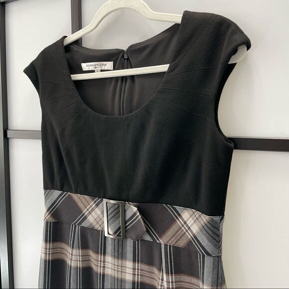 [6] Evan Picone Neutral Tone Plaid Sleeveless Belted Midi Dress Black Tan & Grey - Picture 4 of 16